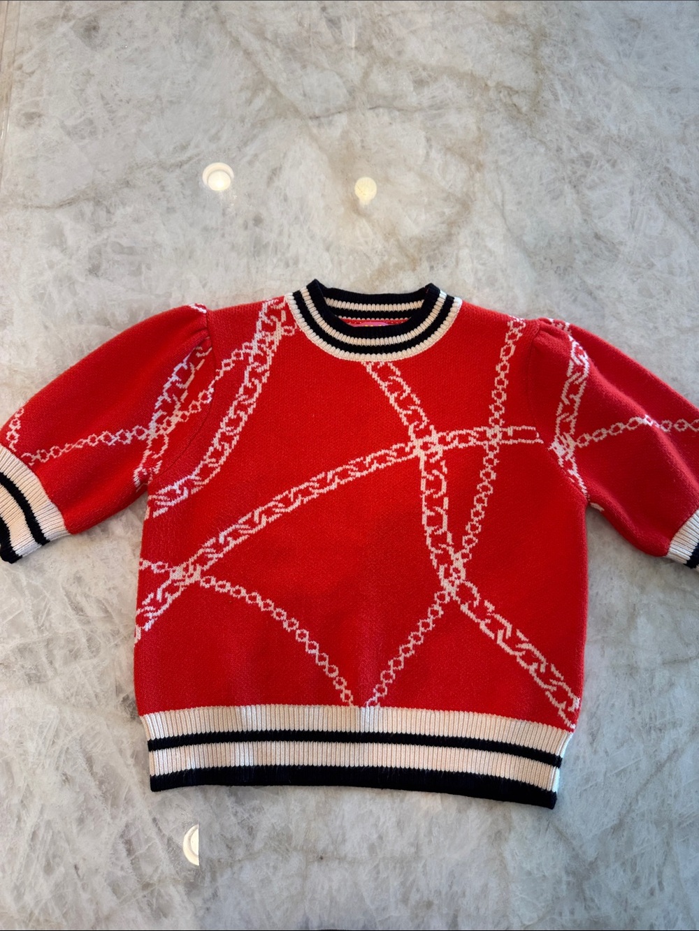 Red Chain-Pattern Knit Sweater with Contrasting Trim